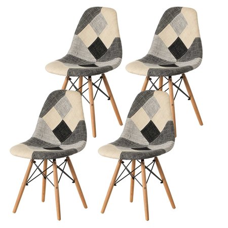 FABULAXE Modern Black and White Patchwork Fabric Chair with Wooden Legs, PK 4 QI004230.4
